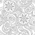 Abstract hand drawn outline stylized ornament seamless pattern with flowers and curls isolated on white background. coloring book for adult and older children. Art vector illustration.