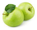 Two ripe green apples with apple leaf isolated on white background. Green apples with clipping path