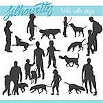 Vector silhouettes of kids and children. Kids and family with dog