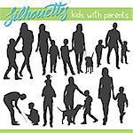 Vector silhouettes of kids and children. Kids with parents. Happy family