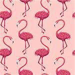 Flamingos Pink Seamless Pattern. Raster Illustration of Summer Tropical Background.