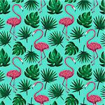 Flamingos Tropical Leaf Seamless Pattern. Raster Illustration of Summer Background.