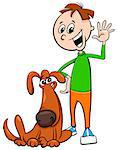 Cartoon Illustration of Kid or Teen Boy with Funny Dog