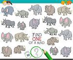 Cartoon Illustration of Find One of a Kind Picture Educational Activity Game for Children with Elephant and Rhino Characters