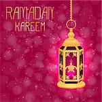 Ramadan Kareem. Concept of a Islamic holiday. Lamp shines. On a crimson background with blur