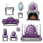 A set of furniture and accessories for living room interior in grey and purple. Vintage style.