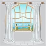 The ornate curtain in the interior. Vector illustration. Picturesque view from the window.