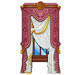 The ornate curtain in the interior. Vector illustration. Exquisite vintage interior