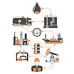 Oil industry Infographics with Flat two color Icons extraction production and transportation oil and petrol with oilman, rig and barrels. Isolated vector illustration.