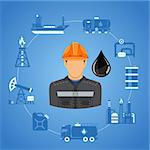 Oil industry Infographics with Flat two color Icons extraction production and transportation oil and petrol with oilman, rig and barrels. Isolated vector illustration