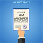 Insurance Services Concept with Flat Icons for Poster, Web Site, Advertising like Hand with Insurance Policy. Vector illustration