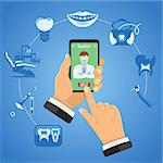 Online dentistry and dental services infographics with flat icons dentist chair, hands, smartphone, dentist, braces, cartridge syringe, x-ray and implant. Isolated vector illustration