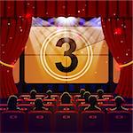 Show Time Concept. Cinema and Theatre hall with seats, silhouettes and countdown on screen. Vector illustration