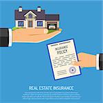 Real Estate Insurance Concept with Flat Icons House, hands and Policy. Isolated vector illustration