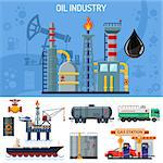 Oil Industry banner with Flat Icons extraction production and transportation oil and petrol with oilman, rig and barrels. Isolated vector illustration.