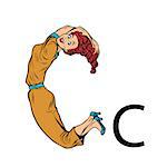 letter C cee. Business people silhouette alphabet. Pop art retro vector illustration kitsch vintage drawing