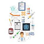Medical services infographics with flat icons like eyesight, medical card patient, x-ray. Isolated vector illustration