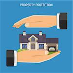 property Insurance concept with Flat Icons House in hands. isolated vector illustration
