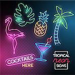 A set of neon glowing light signs with a flamingo, cocktail and palm tree. Vector illustration.
