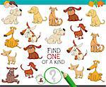 Cartoon Illustration of Find One of a Kind Picture Educational Activity Game for Children with Dogs or Puppies Characters