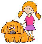 Cartoon Illustration of Kid Girl with Funny Shaggy Dog