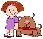 Cartoon Illustration of Cute Girl with Funny Dog