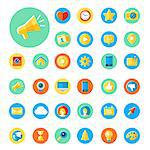 Flat icons of social media, social networking, mobile app, sharing, communication, and social commerce