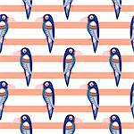 Parrot pattern seamless bird vector. Blue toucans on coral red striped background.