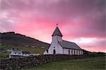 Church of Vidareidi village at sunrise, Vidoy Island, Faroe Islands, Denmark, Europe