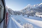 Bernina Express train, Preda Bergun, Albula Valley, Canton of Graubunden, Switzerland, Europe