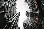 Fisheye view of Lloyds and Willis buildings, financial district, City of London, England, United Kingdom, Europe