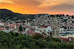 Elevated view over the old town of Hvar Town at sunrise, Hvar, Croatia, Europe