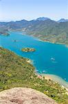 Elevated view from Sugar Loaf peak over the fjord-like bay, Saco do Mamangua, Paraty, Rio de Janeiro, Brazil, South America