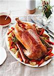 Roast goose on a platter with vegetables for a festive dinner