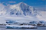 Misty Mount William, glaciers and icebergs, sunny weather, Anvers Island, from Bismarck Strait, Antarctic Peninsula, Antarctica, Polar Regions