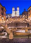 Fountain Fontana della Barcaccia at Piazza di Spagna at Spanish Steps with church of Santissima Trinita dei Monti, Rome, Lazio, Italy, Europe