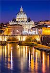 St. Peter's Basilica in Vatican City lit up after dark and Tiber River, Rome, Lazio, Italy, Europe