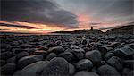 Dawn light reflecting on the rocks at Dunstanburgh Castle on the North East Coast, Northumberland, England, United Kingdom, Europe