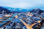 View over the old town, UNESCO World Heritage Site, and Hohensalzburg Castle at dusk, Salzburg, Austria, Europe