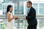 Businessman and businesswoman standing beside window, in conversation