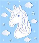 Head of paper unicorn, clouds and stars on blue background.Vector illustration.