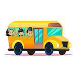 Flat vector school bus. School kids riding a schoolbus. Back to school vector flat concept. Happy schoolchildren are watching from windows.