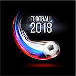 Flying football on fire. Soccer ball with bright flame three colors trail of Russian Flag. football 2018 world championship cup background soccer . Vector Illustration On Black Background.