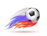 Flying football on fire. Soccer ball with bright flame three colors trail of Russian Flag. Vector illustration isolated on white background