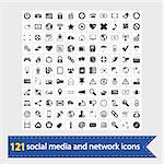 121 Social media and network icons. Vector illustration.