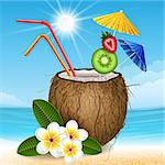 Vector illustration - coconut tropical cocktail and flowers on a beach