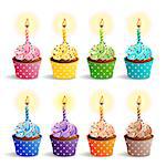 Vector icon set - colorful birthday cupcakes with candles. EPS10