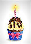 Vector illustration -  birthday cupcake with candle and bow. eps10.