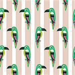 Parakeet parrot pattern seamless bird vector. Green exotic birds on beige white striped background.