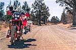 Touring motorcycle on roadside, Terrebonne, Oregon, USA